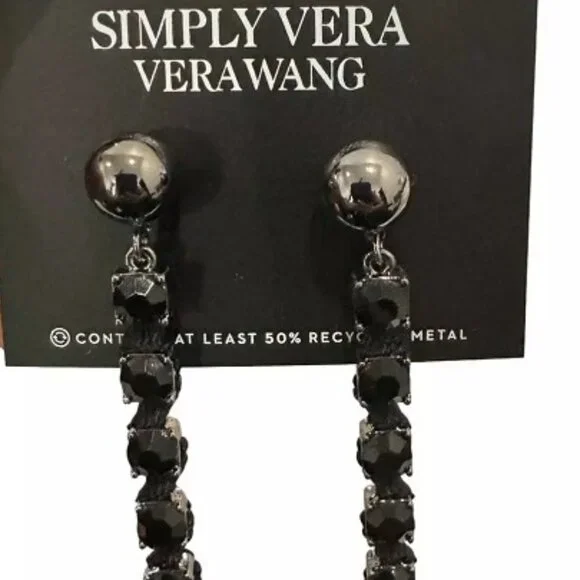 VERA WANG Goth Gunmetal Black Crystal/Black Ribbon Drop Earrings**NEW! - Picture 5 of 6